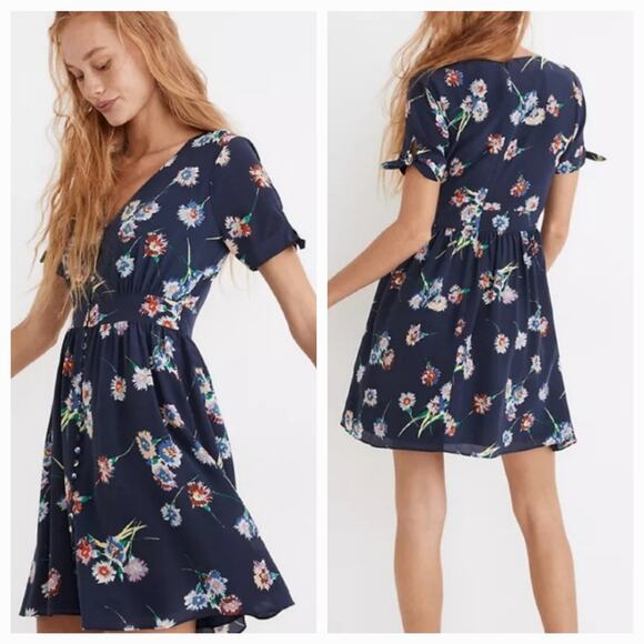 Madewell Silk Floral Mini Dress, button-front, tie-sleeve, retro-fit, size 12 - Picture 2 of 15
